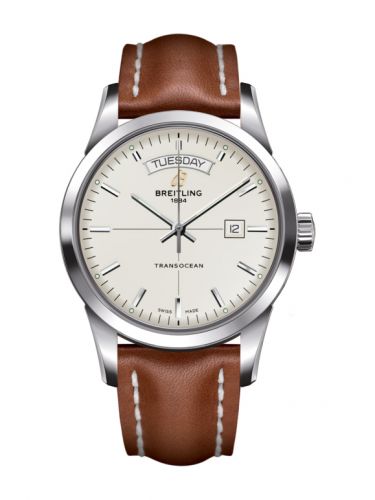 Breitling Transocean Day & Date Stainless Steel Silver Calf Pin
