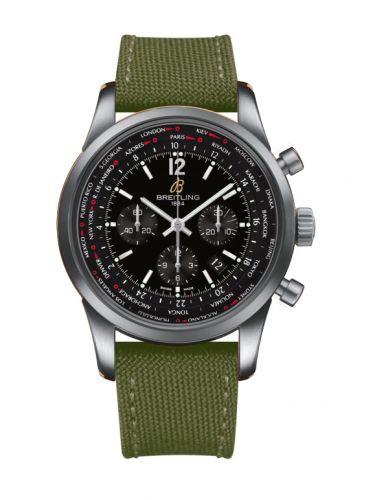 Breitling Transocean Chronograph Unitime Pilot Stainless Steel Black Military