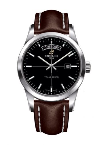 Breitling Transocean Day & Date Stainless Steel Black Calf Pin