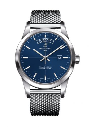 Breitling Transocean Day & Date Stainless Steel Blue Milanese