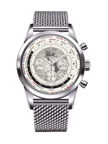 Breitling Transocean Chronograph Unitime Stainless Steel Silver Milanese
