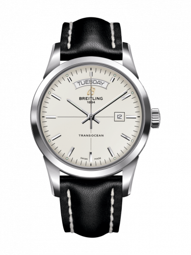 Breitling Transocean Day & Date Stainless Steel Silver Calf Pin