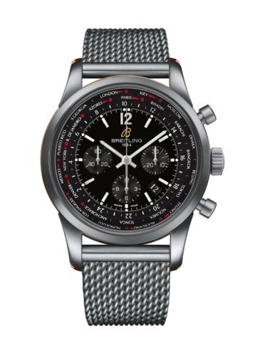 Breitling Transocean Chronograph Unitime Pilot Stainless Steel Black Milanese