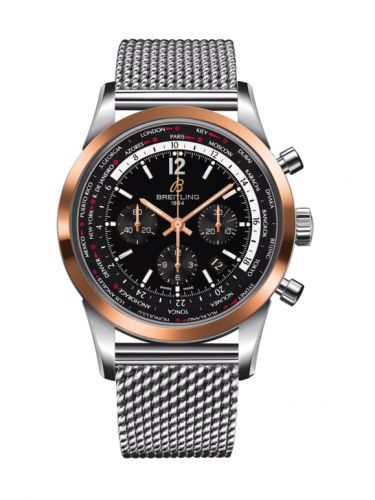 Breitling Transocean Chronograph Unitime Pilot Stainless Steel Red Gold Black Milanese