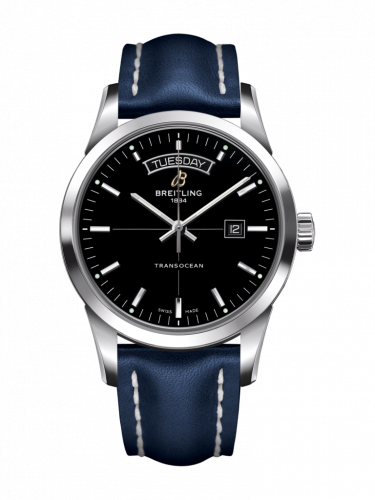 Breitling Transocean Day & Date Stainless Steel Black Calf Pin