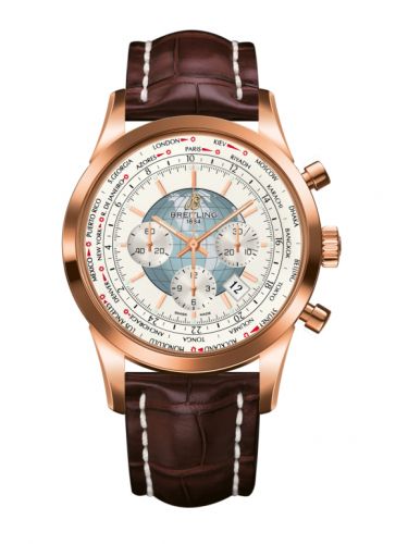 Breitling Transocean Chronograph Unitime Red Gold Silver Croco