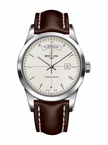 Breitling Transocean Day & Date Stainless Steel Silver Calf Folding