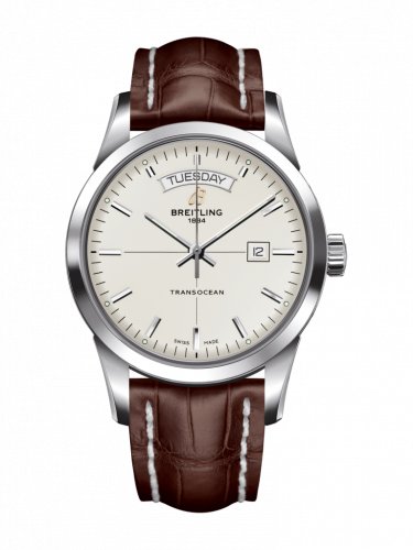 Breitling Transocean Day & Date Stainless Steel Silver Croco Folding