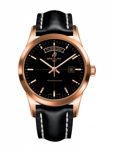 Breitling Transocean Day & Date Red Gold Black Calf Pin