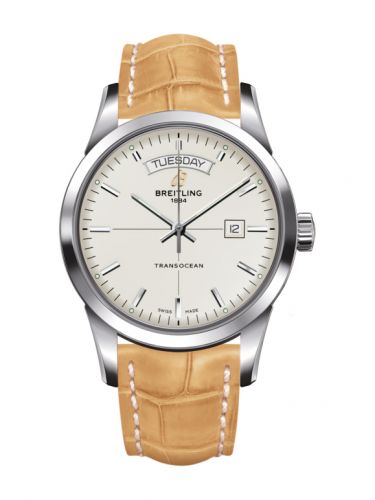 Breitling Transocean Day & Date Stainless Steel Silver Croco Pin