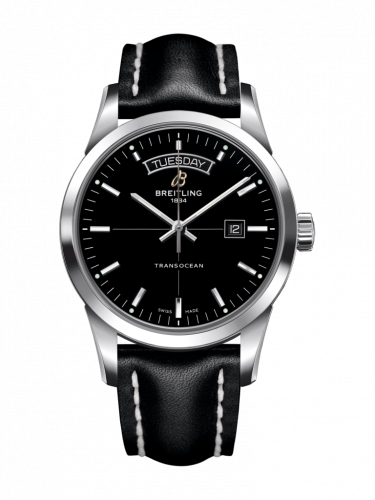 Breitling Transocean Day & Date Stainless Steel Black Calf Folding