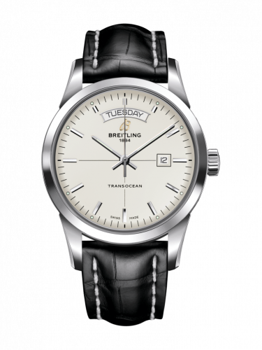Breitling Transocean Day & Date Stainless Steel Silver Croco Pin