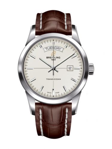 Breitling Transocean Day & Date Stainless Steel Silver Croco Pin