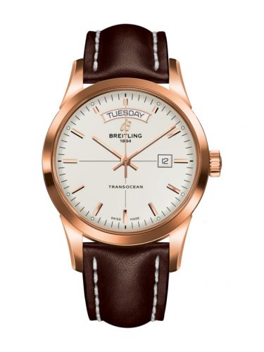 Breitling Transocean Day & Date Red Gold Silver Calf Pin