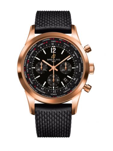 Breitling Transocean Chronograph Unitime Pilot Red Gold Black Rubber