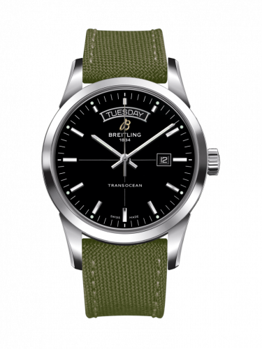 Breitling Transocean Day & Date Stainless Steel Black Military Pin