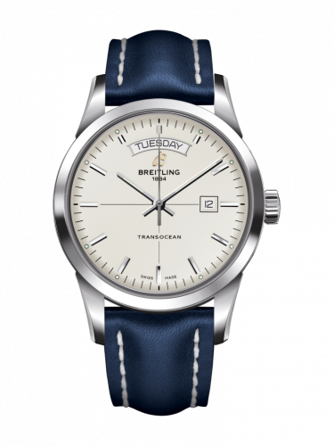 Breitling Transocean Day & Date Stainless Steel Silver Calf Pin