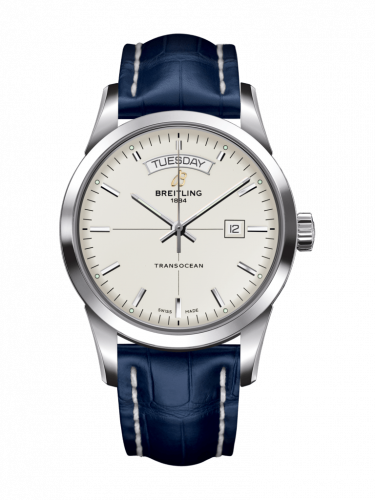 Breitling Transocean Day & Date Stainless Steel Silver Croco Folding