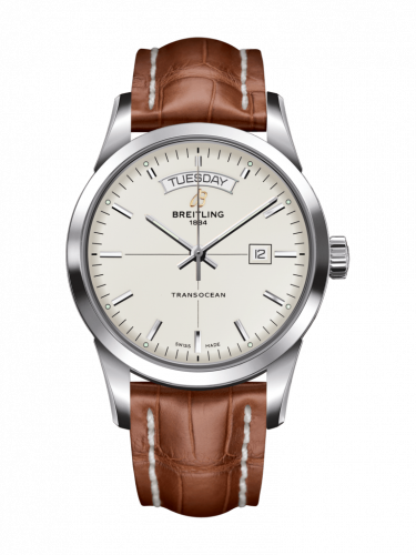Breitling Transocean Day & Date Stainless Steel Silver Croco Pin