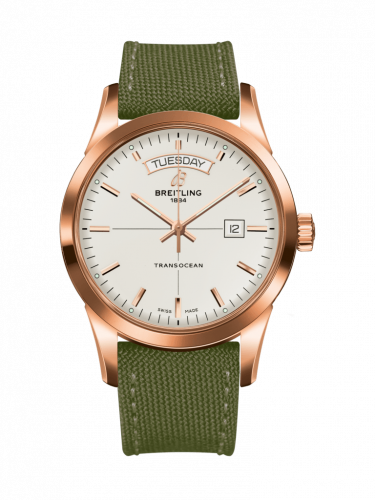 Breitling Transocean Day & Date Red Gold Silver Military Pin