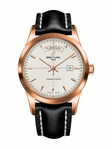 Breitling Transocean Day & Date Red Gold Silver Calf Folding