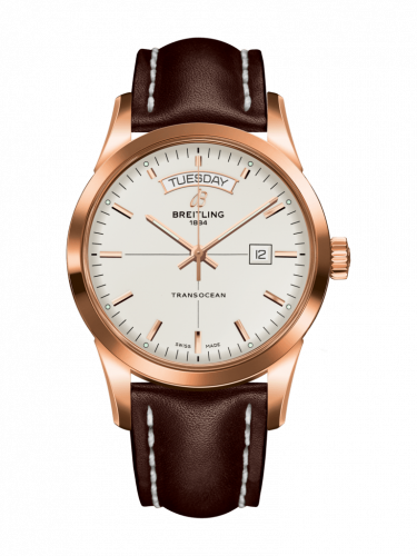 Breitling Transocean Day & Date Red Gold Silver Calf Folding
