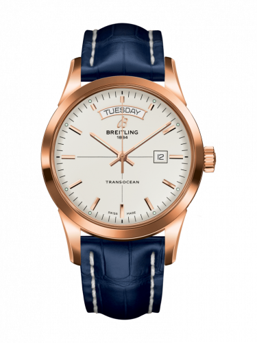 Breitling Transocean Day & Date Red Gold Silver Croco Folding