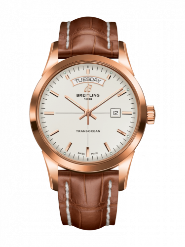 Breitling Transocean Day & Date Red Gold Silver Croco Folding