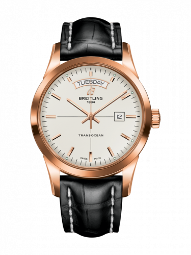 Breitling Transocean Day & Date Red Gold Silver Croco Pin