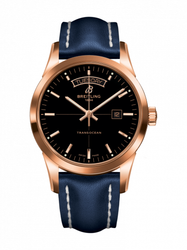 Breitling Transocean Day & Date Red Gold Black Calf Pin