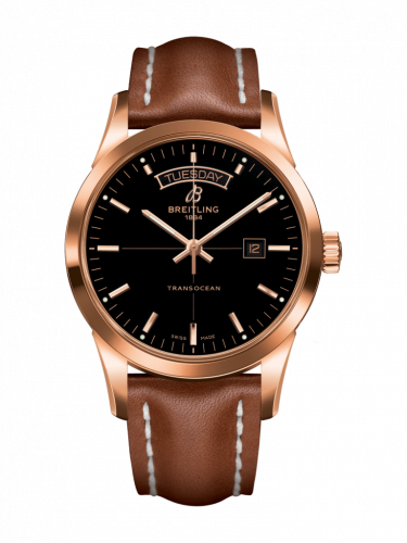 Breitling Transocean Day & Date Red Gold Black Calf Pin