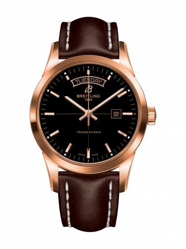Breitling Transocean Day & Date Red Gold Black Calf Pin