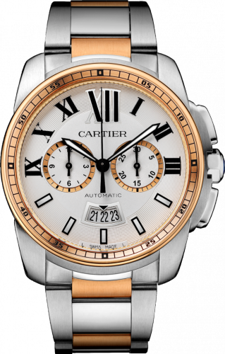 Cartier Calibre de Cartier Chronograph Stainless Steel Pink Gold Silver Bracelet