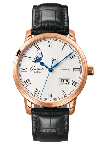 Glashütte Original Senator Panorama Date Moon Phase Red Gold Silver Alligator Pin