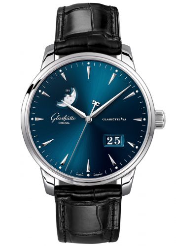 Glashütte Original Senator Excellence Panorama Date Moonphase Stainless Steel Blue Alligator Folding