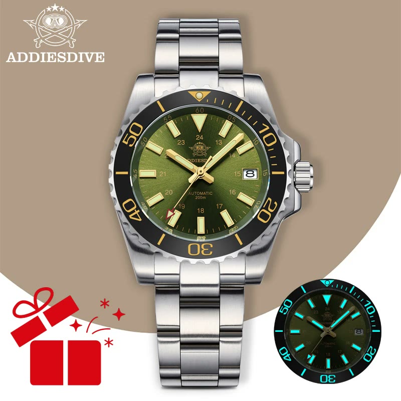 Montre ADDIESDIVE automatique avec cristal saphir, anneau céramique et cadran lumineux