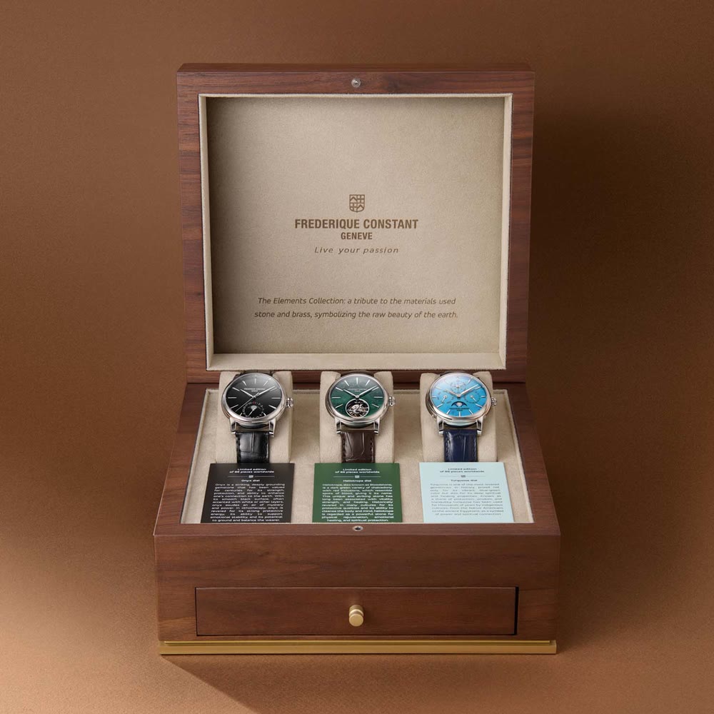 Vue d'une montre Frederique Constant Elements 2026 mettant en valeur un cadran en pierre minérale unique.