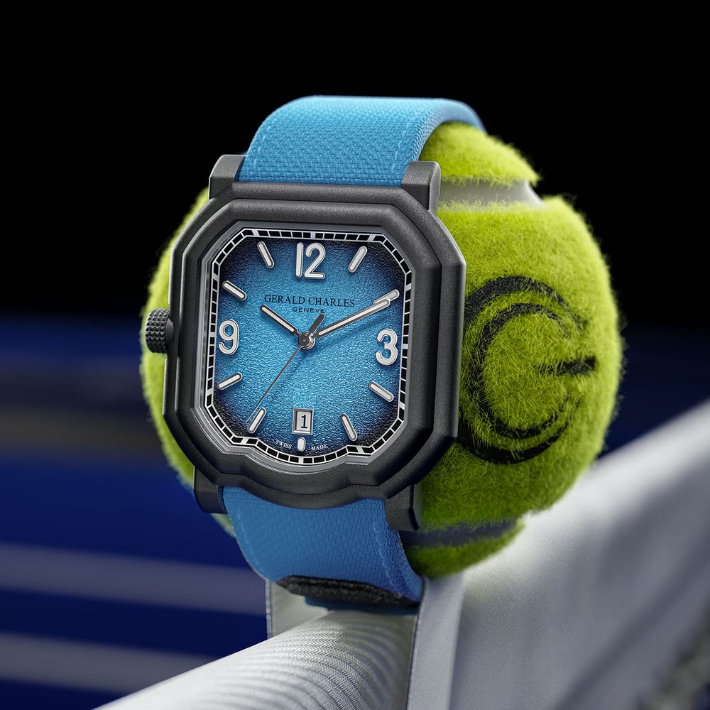 Montre Gerald Charles Maestro GC Sport Tennis Turquoise Edition avec cadran turquoise et boîtier asymétrique en titane Darkblast.