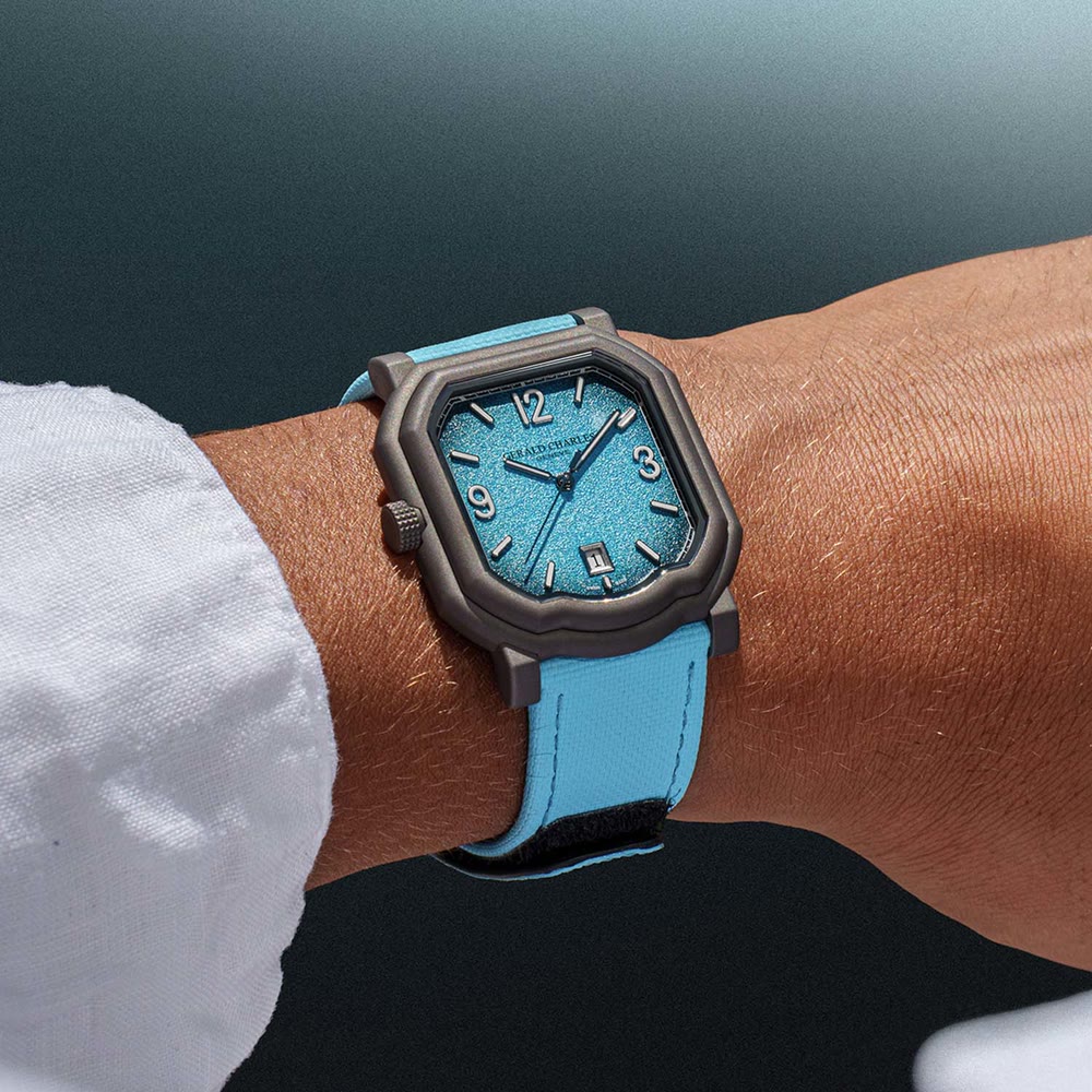Gros plan sur le cadran turquoise dégradé de la Gerald Charles Maestro GC Sport Tennis Turquoise Edition avec détails lumineux.