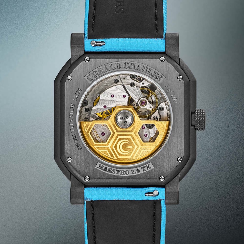 Vue détaillée du calibre automatique GCA2001 visible au dos de la Gerald Charles Maestro GC Sport Tennis Turquoise Edition.