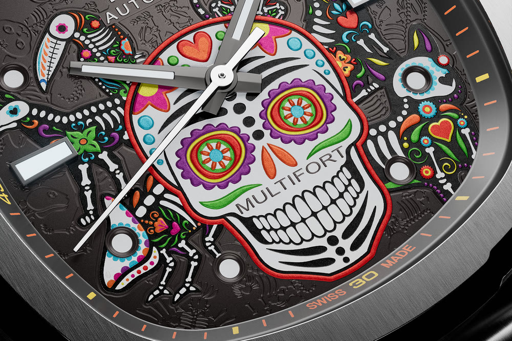 Vue de face de la montre Mido Multifort TV Big Date Alebrijes avec son cadran vibrant dédié au Día de los Muertos.