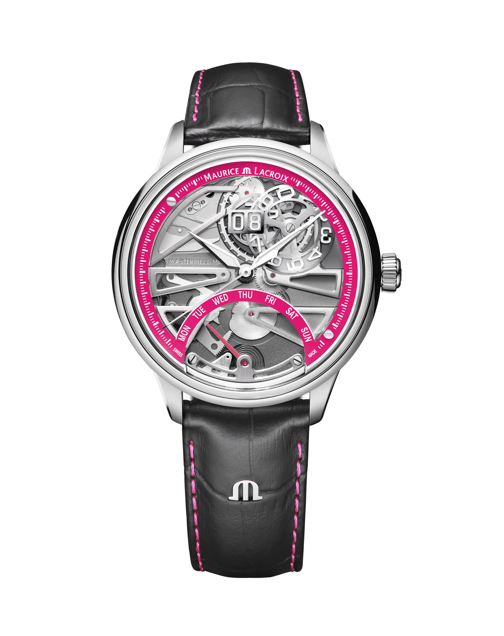 La Maurice Lacroix 1975 Master Grand Date Retrograde apparaît ici comme une montre caritative au cadran saphir rose.