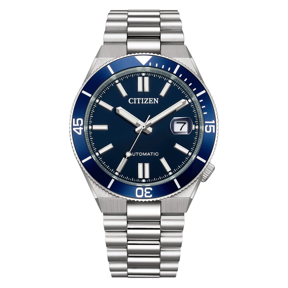Citizen Tsuyosa Shore, montre automatique en acier avec lunette tournante unidirectionnelle et style sport-luxe.