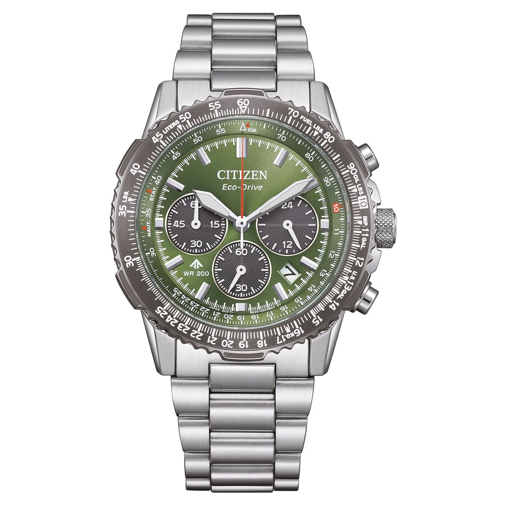 Citizen Promaster Air Navihawk, chronographe Eco-Drive de 40 mm avec bracelet acier et lunette rotative.