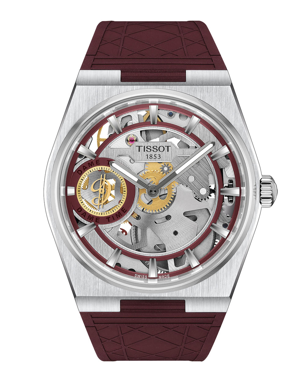 Le cadran squelette de la Tissot PRX Skeleton Damian Lillard Special Edition dévoile la mécanique et les finitions visibles.